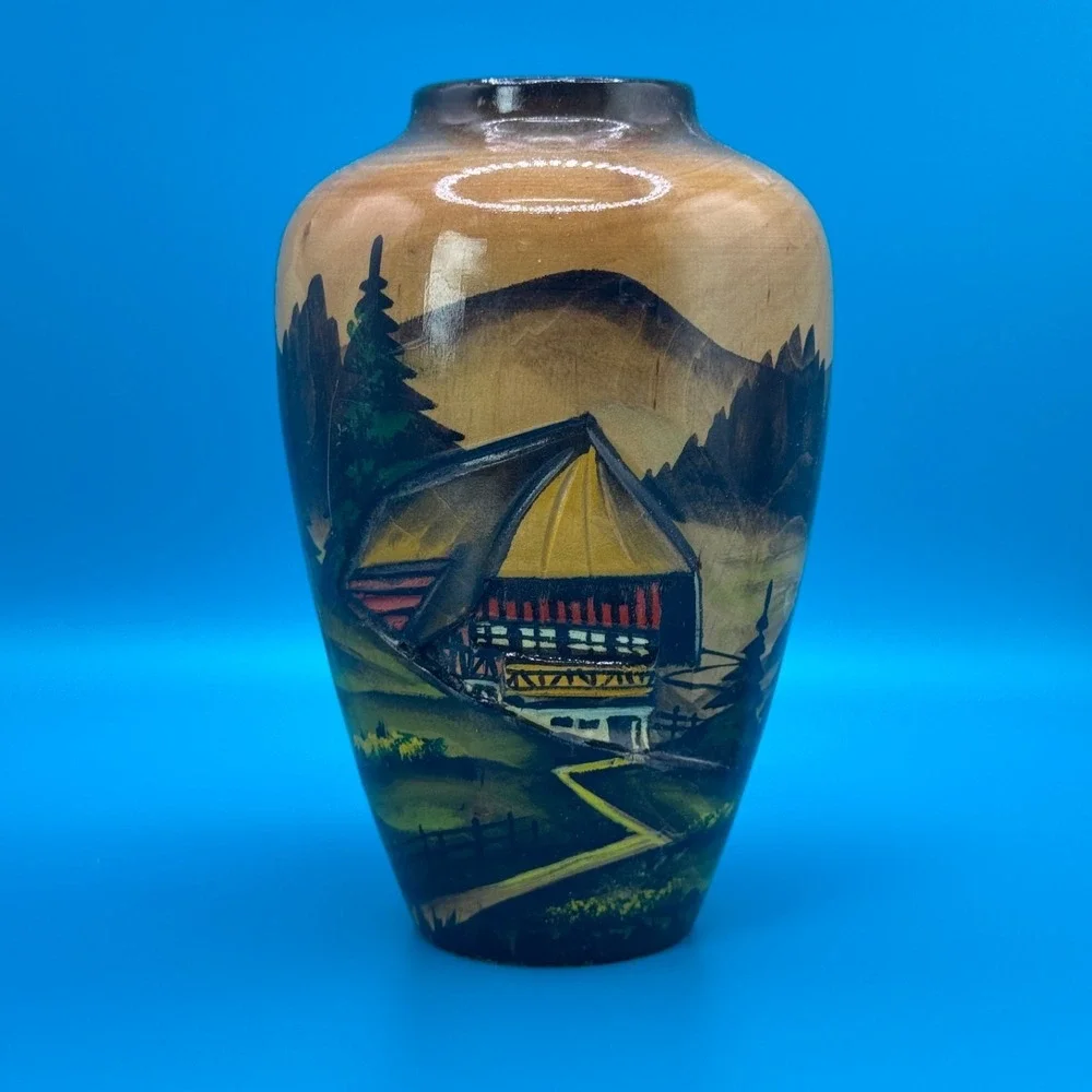 Vintage Hand Painted Wood Vase Alpine Chalet Mountain‎ Scene Turned Wood